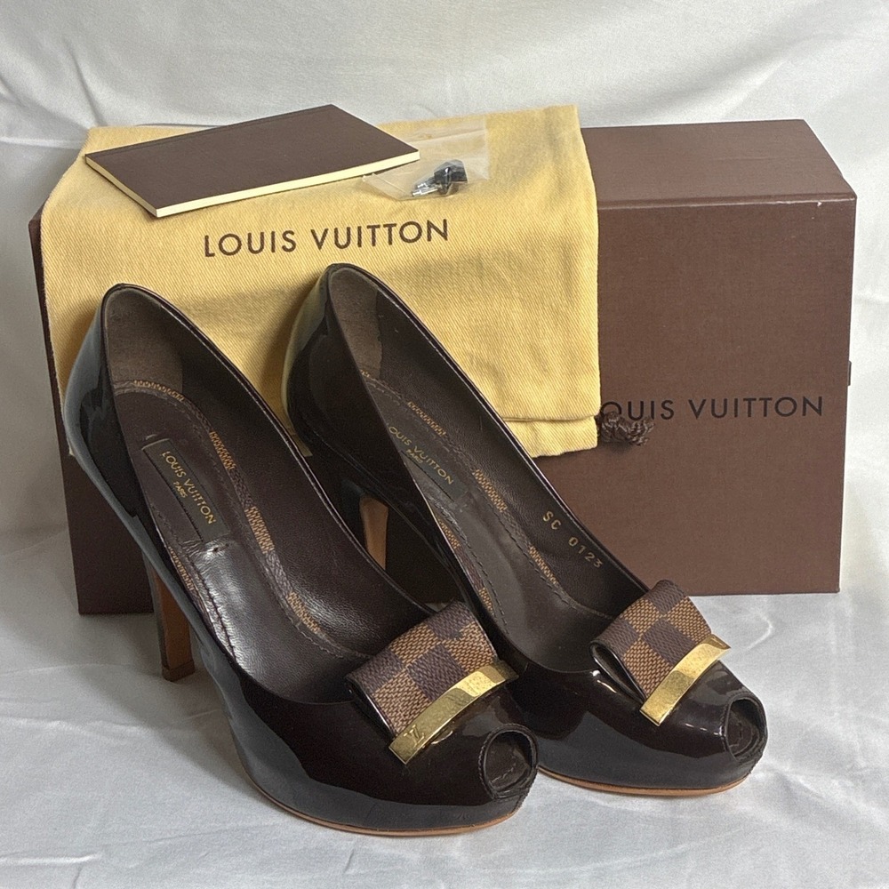 Louis Vuitton Damier Ebene Patent Leather Peep Toe Platform Brown SC0123 sz 35
